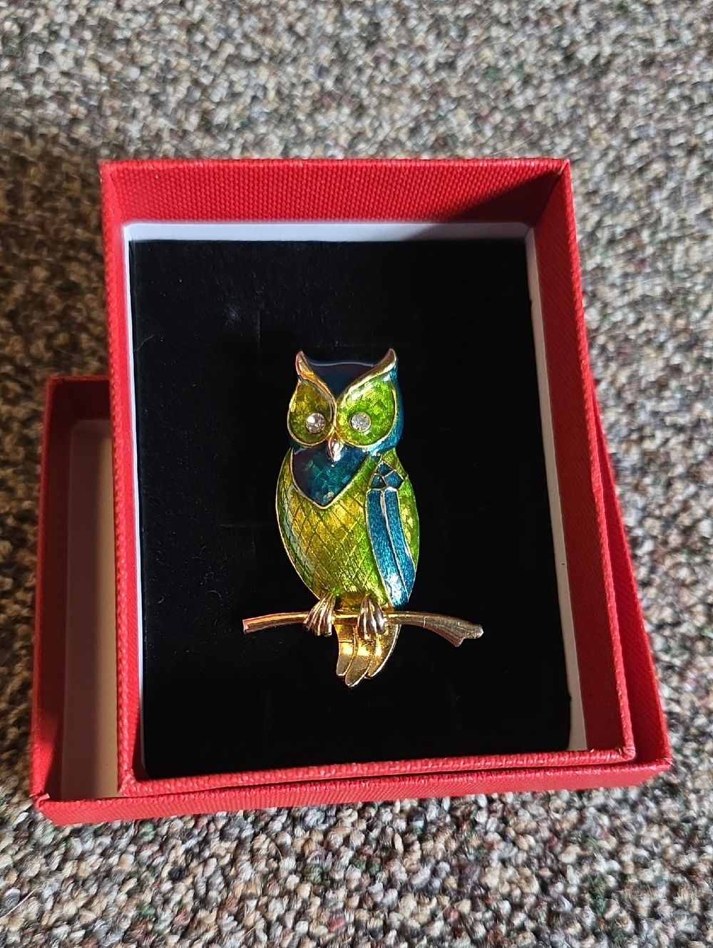 Vintage 60s Marcel Boucher Green Blue Enamel Owl 2" Tall Brooch Pin 8668P